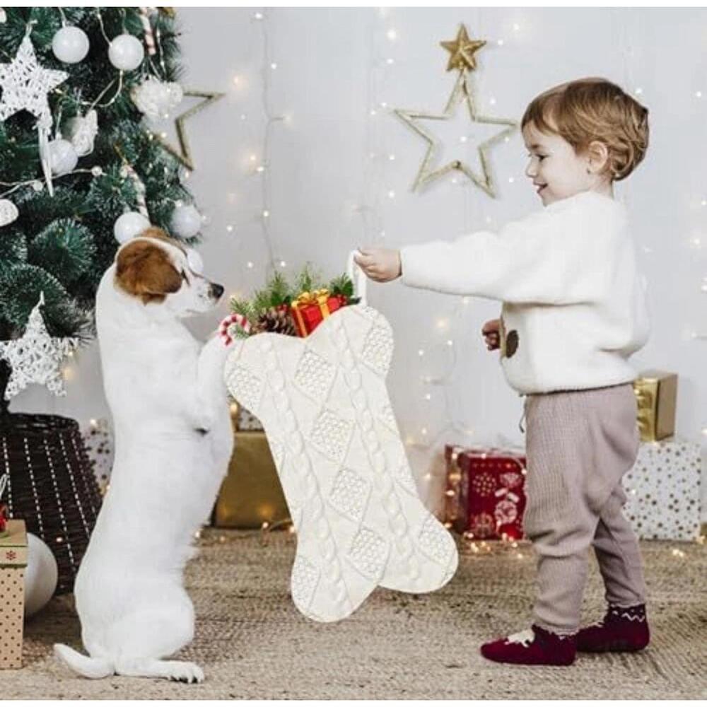 Dog Christmas Stocking, 18 Inch Large Double Side Knitted Christmas White